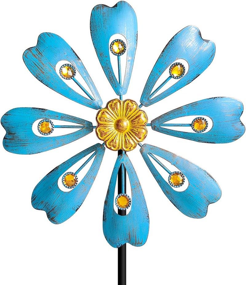 Senflame Flower Outdoor Metal Wind Spinner, Single-Layer Kinetic Garden Art with Vibrant Blue Finish - Weatherproof Wind Sculpture for Lawn, Patio, Yard Decor - 10''W x 36''H - Image 1